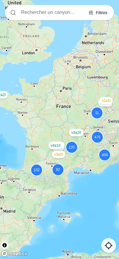 Canyon Map on a phone: France with clusters of canyons